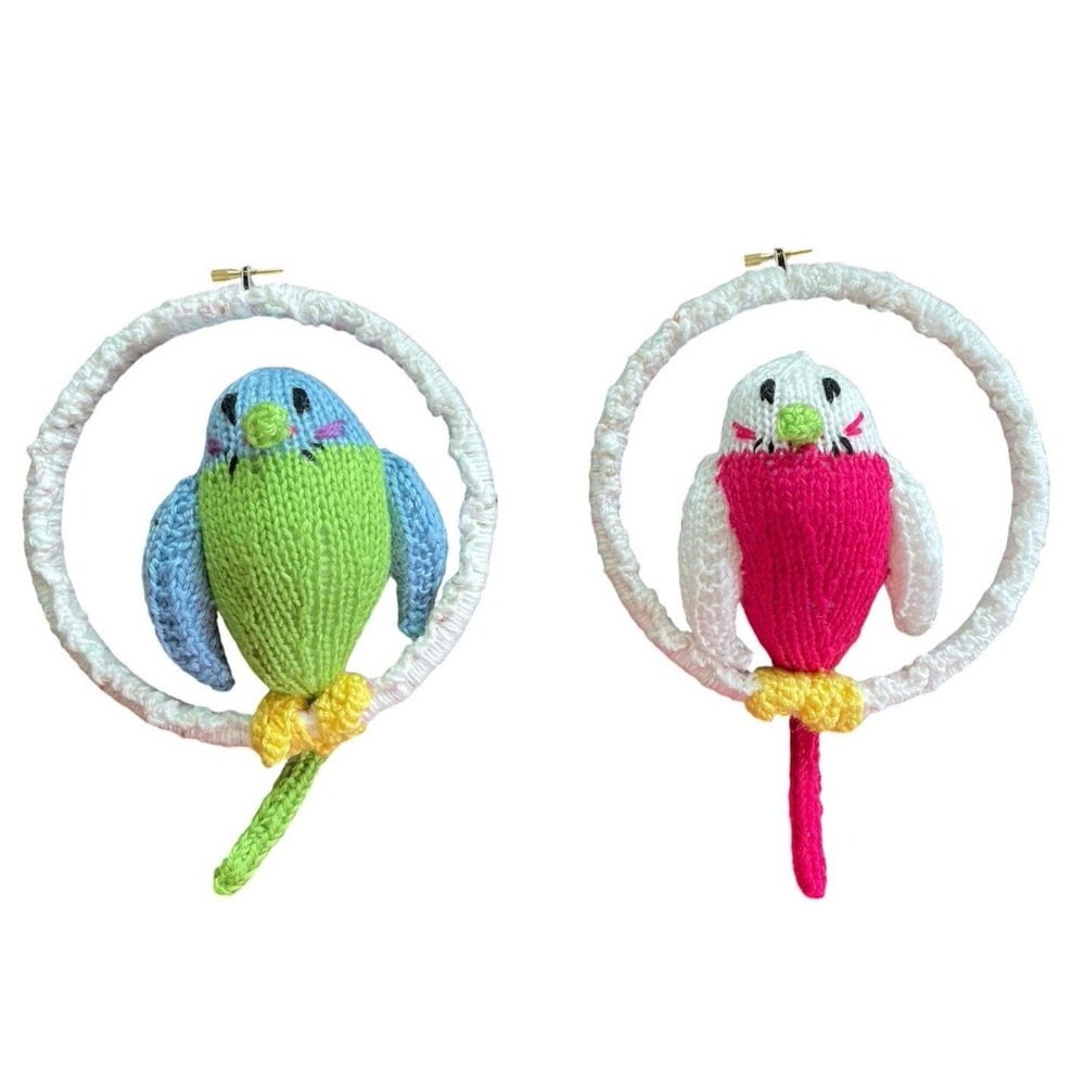 Handmade Tropical Birds Set of 2 Parakeet in Hoop Knitted Colorful Jungle Decor